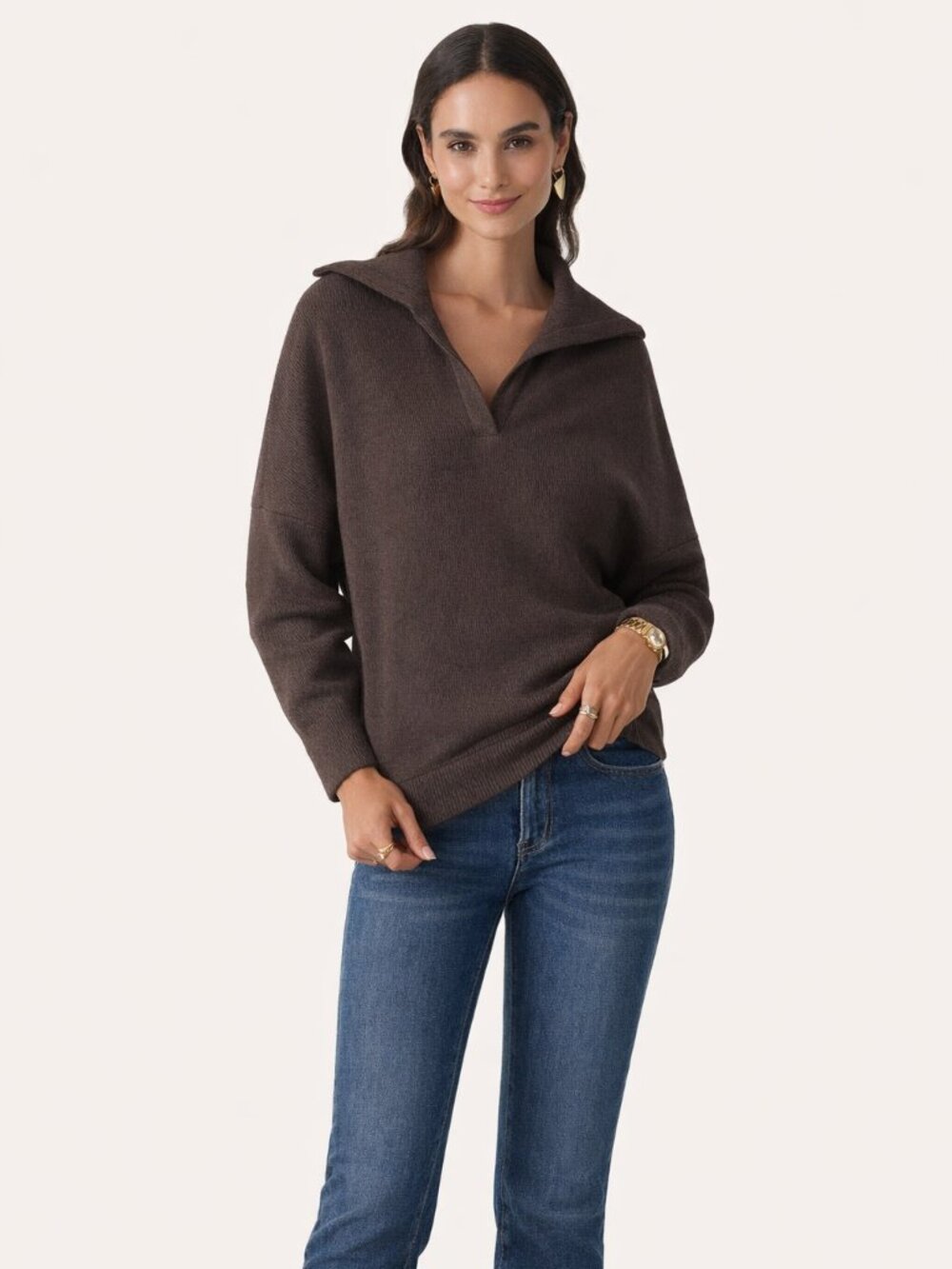 NWT OGL Cozy Collared V-Neck Batwing Sleeve Pullover Black Chocolate XS #1920
